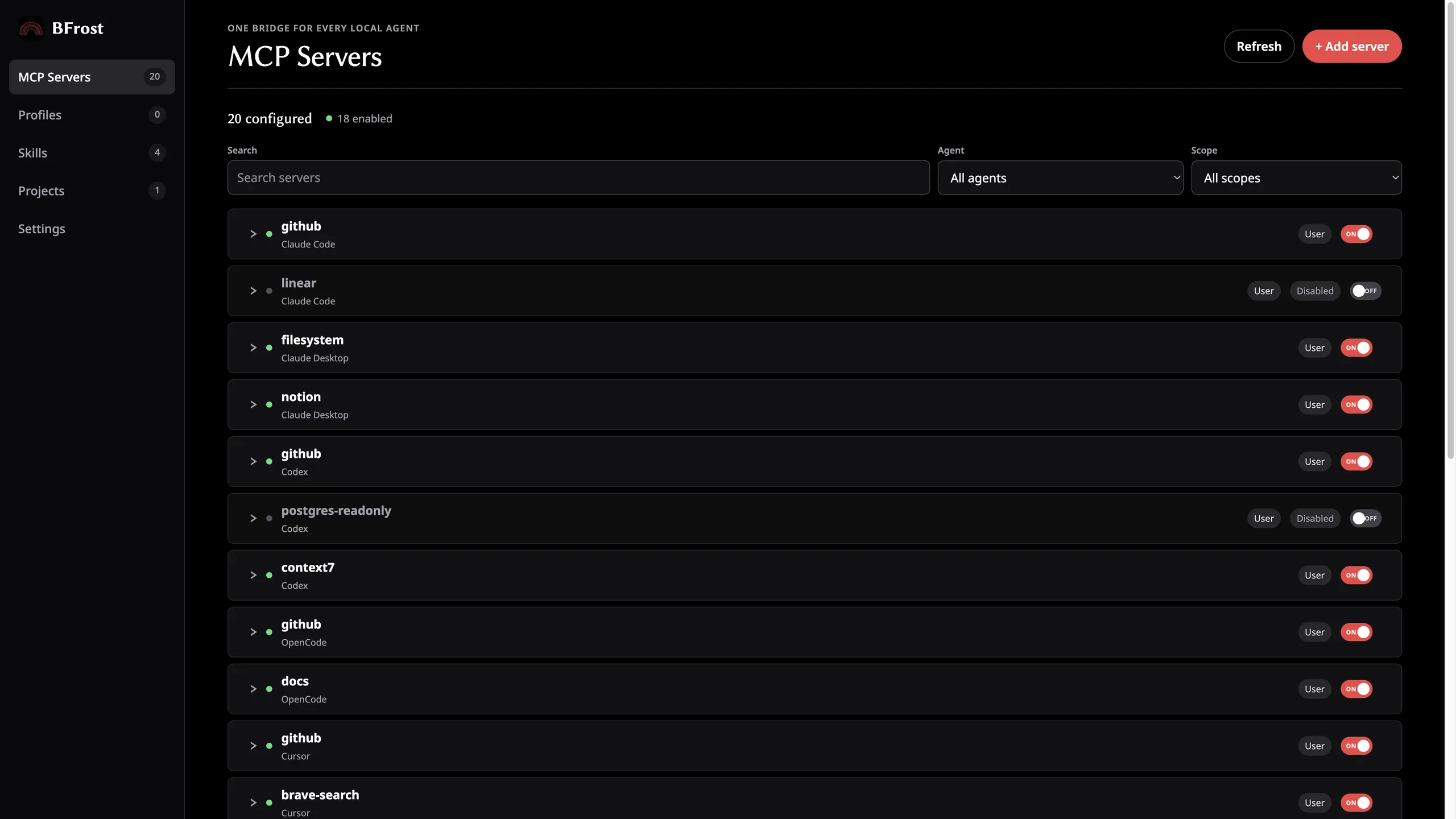 The BFrost app showing every MCP server configured across Claude Code, Cursor, and other AI tools